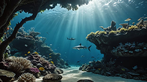 Sharks swim underwater, with amazing underwater landscapes photo