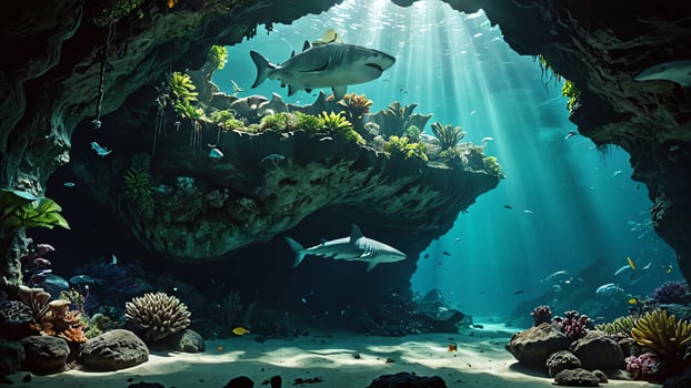 Sharks swim underwater, with amazing underwater landscapes photo