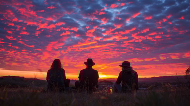 A group of friends enjoying a sunset concert, with the stage silhouetted against the colorful sky photo