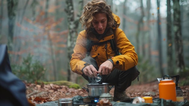 A solo camper cooking breakfast on a portable stove in the middle of the woods photo