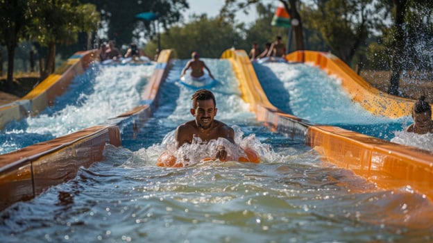 A group of friends racing each other on multilane water slides photo