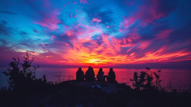 A group of friends enjoying a sunset concert, with the stage silhouetted against the colorful sky photo