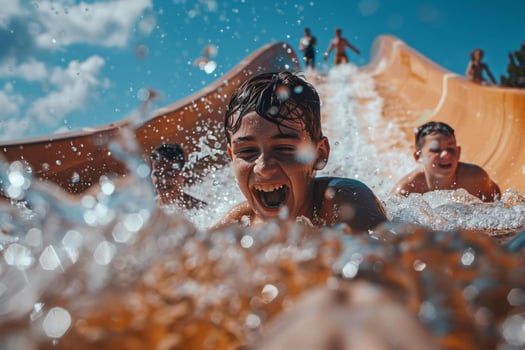 Friends sliding down a tall, winding water slide, laughing and splashing photo