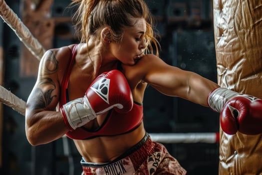 Fierce beautiful female muay thai boxer with powerful physique trains, delivering punches at boxing bag, epitomizing strength and determination in combat sports training. photo