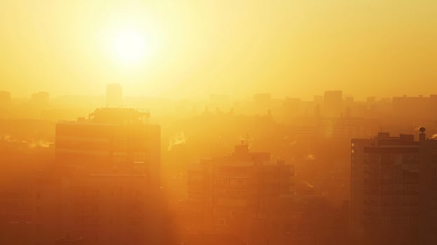The warm glow of a sunrise casting a dreamy haze over the urban landscape photo