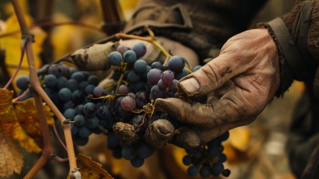 A closeup of a winemakers hands delicately holding a of gs. The gs have undergone a process called ice wine harvesting where they are picked at freezing temperatures resultin photo