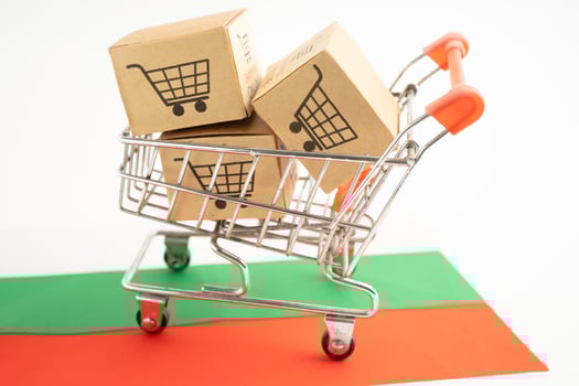 Box with shopping online cart logo and Bulgaria flag, Import Export Shopping online or commerce finance delivery service store product shipping, trade, supplier. photo