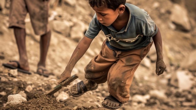 A young boy no more than 10 years old carefully follows his fathers footsteps as they both hold onto the handles of a hand plow. Though still small the boys determinatio photo