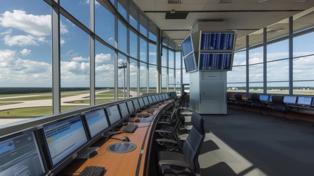 The control tower stands tall and mighty its sharp angular lines reflecting the fastpaced and efficient nature of air traffic control. Inside stateoftheart equipment and technolog photo