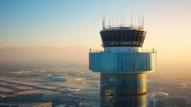 A modern control tower rises above the surrounding buildings its glass panels shimmering in the sunlight. From this vantage point air traffic controllers have a birdseye vie photo