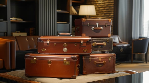 The elegant first class lounge is adorned with rich leather suitcases in various sizes each one bearing its owners initials as a mark of personalized luxury photo