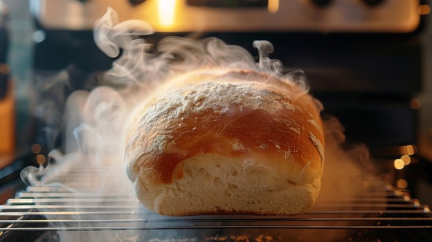 A loaf of freshly baked bread pulled out of the bread maker and still steaming photo