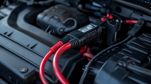 A closeup of a car jump starter with a builtin battery charger for emergency vehicle starting photo