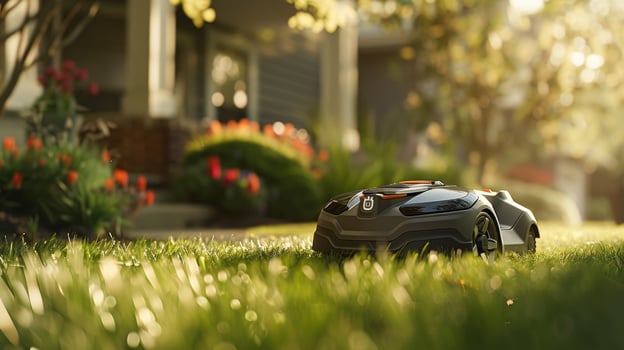 A parting view of the robotic lawn mower as it moves along the perimeter of the yard smoothly avoiding any obstacles in its path photo
