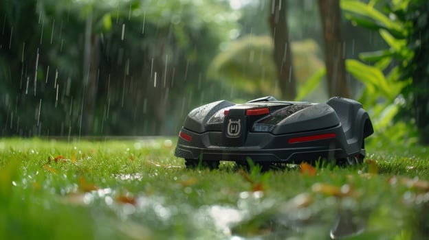 A demonstration of the robotic lawn mowers automatic rain delay feature preventing damage to the lawn during wet weather photo