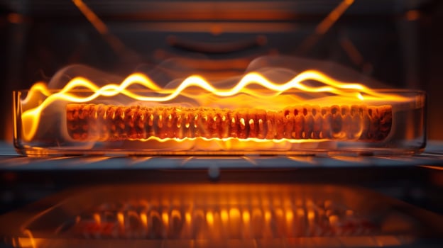 A closeup of a toasters heating element glowing orange and emitting waves of heat photo
