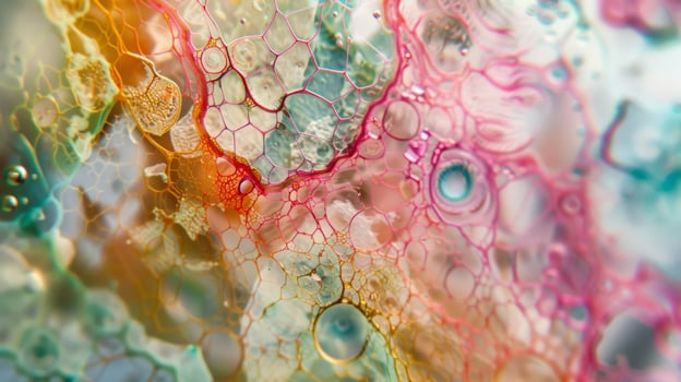 An intricate pattern of colors and lines on a closeup image of a microscope slide representing the AIenhanced analysis of tissue samples for the early detection of abnormalities photo