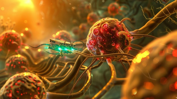 Detailed image of a nanorobot navigating through the maze of vessels targeting the tumor site with precision photo