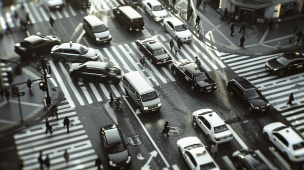 A busy city intersection with a sea of black and white vehicles and pedestrians showcasing the timeless elegance of the monochrome color palette photo