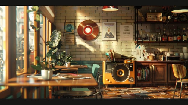 A hidden gem tucked away in a bustling city this coffee shop boasts a vintage vibe with its charming decor and collection of vinyl records. The record player strategicall photo