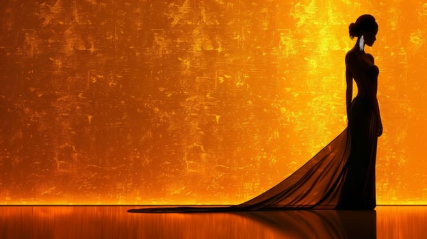 A stunning silhouette of a woman in a flowing floorlength dress with a high slit her hair perfectly coiffed and accented with sparkling earrings photo