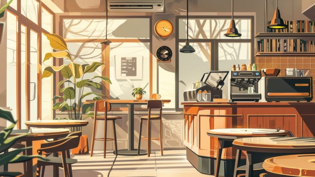 A charming retroinspired coffee shop filled with the aroma of freshly brewed coffee and the faint sound of vinyl records playing in the background. The vintage record playe photo