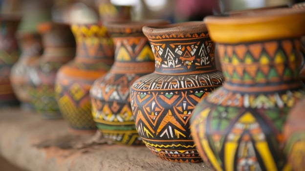 A line of intricately designed clay pots each filled with a unique herbal remedy and used in different ways to treat various ailments in African tribal medicine photo
