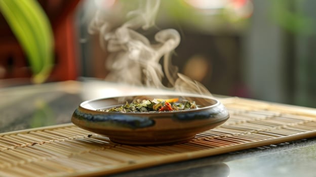 A shallow dish filled with steaming herbal tea made from a blend of traditional Chinese herbs used to help promote relaxation and balance in conjunction with acupuncture treatments photo