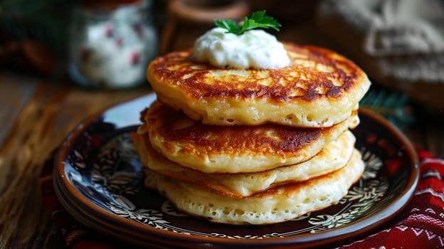 Ukrainian fresh pancakes on a plate on the table with sour cream. Pancakes with milk. Close-up. photo