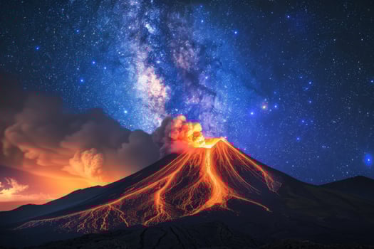 Volcano Erupting Under Starry Night Sky photo