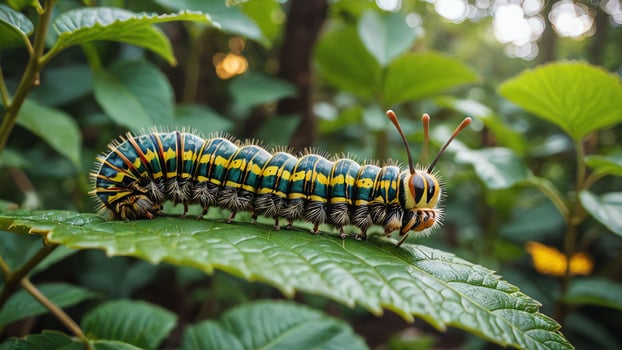a caterpillar with yellow and green stripes on its back photo