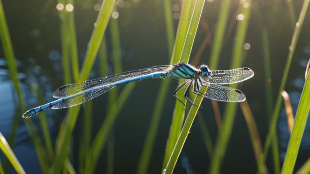 a dragonfly sits on a blade of grass photo