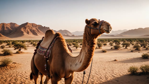 camel, animal portrait with desert landscape photo