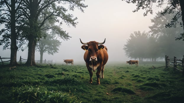 cows, amazing foggy forest landscape photo