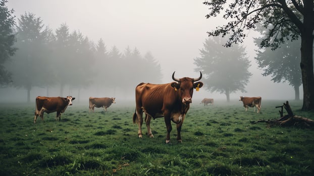 cows, amazing foggy forest landscape photo