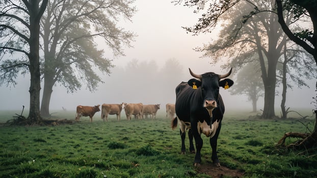 cows, amazing foggy forest landscape photo