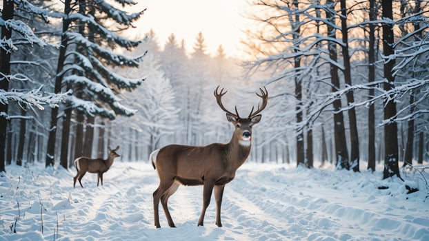 deer, portrait in winter with beautiful nature photo