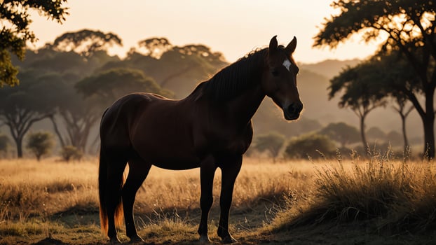 horse silhouette, portrait in the beautiful natural savanna with sunset photo