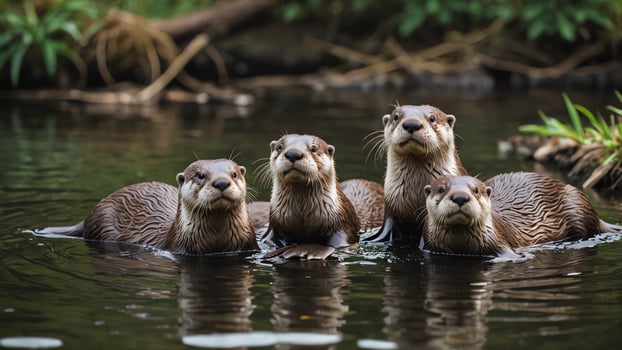 otter, close up animal portrait with beautiful natural river views photo