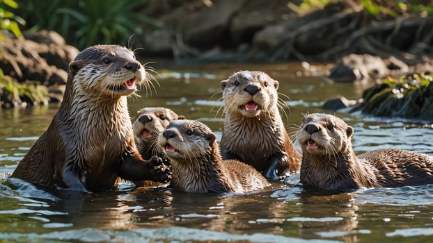 otter, close up animal portrait with beautiful natural river views photo
