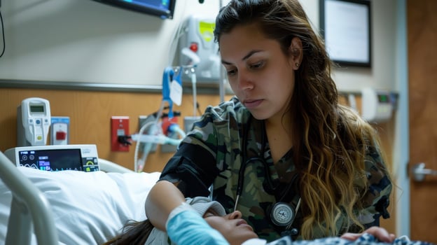 nurse checking vital signs of a patient in a hospital room, attentive and supportive. photo