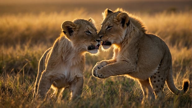 Two adorable baby lions playing with each other in the grassland with tall blades of grass photo
