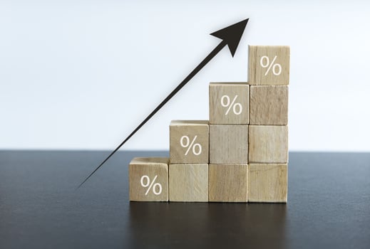 Wooden blocks with Icon percentage symbol and arrow up. Interest rate financial and mortgage rates concept photo