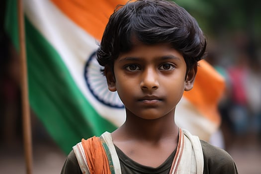 Young Indian boy stands in front of a blurred Indian flag, symbolizing patriotism and national pride. Celebrating Indian Independence Day. Love for the country. photo