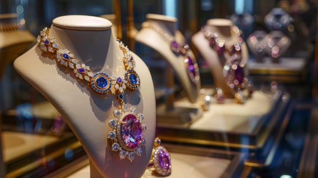 Jewelry on display in a glass case, showcasing various necklaces, bracelets, rings, and earrings. photo