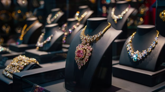 A showcasing various pieces of jewelry on display in a jewelry store, including necklaces, rings, bracelets, and earrings. photo
