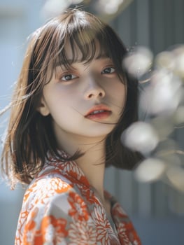 japanese fashion model girl with brown hair bangs, ai photo