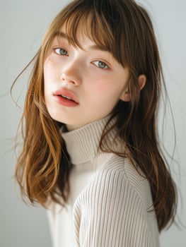 japanese fashion model girl with brown hair bangs, ai photo