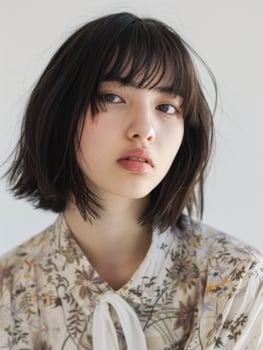 japanese fashion model girl with brown hair bangs, ai photo