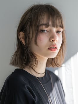 japanese fashion model girl with brown hair bangs, ai photo